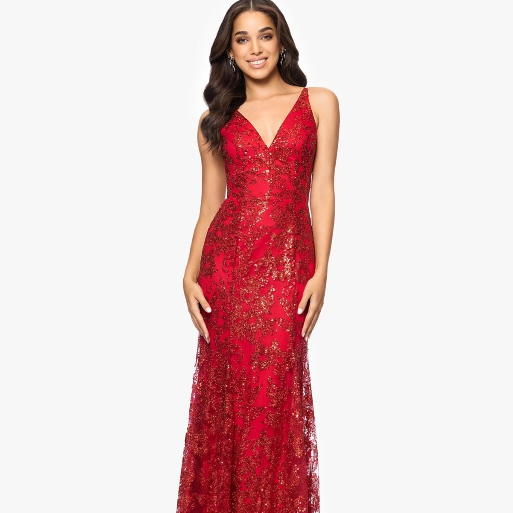Blondie Nites Juniors' Glitter-Floral V-Neck Gown Red Size 9